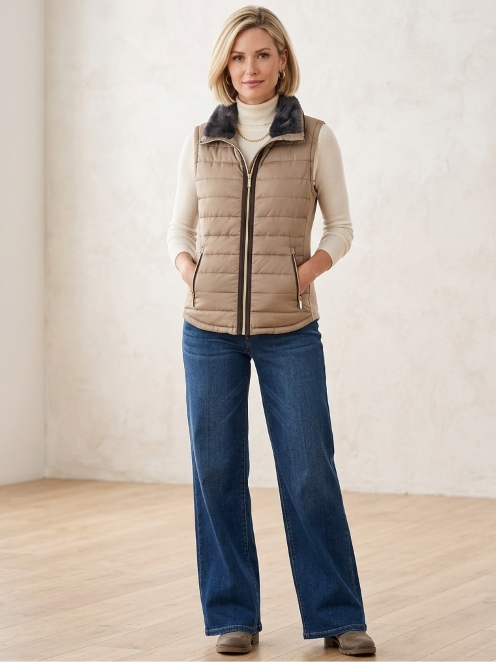 Johnston & Murphy Puffer Vest Faux Fur Trim Medium